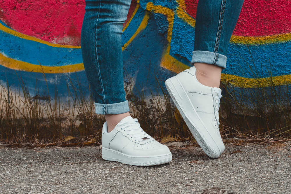 white leather sneakers